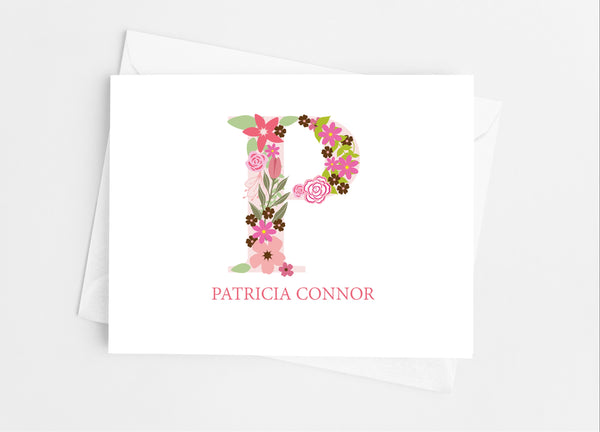 Pink Floral Single Initial Monogram Note Cards - Cathy's Creations - www.candywrappershop.com