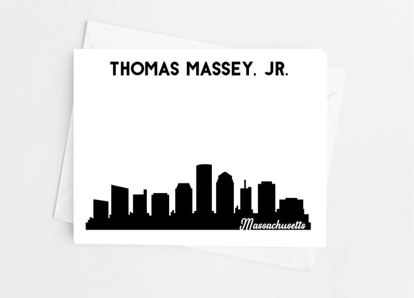 Massachusetts State Skyline Personalized Note Cards - Cathy's Creations - www.candywrappershop.com