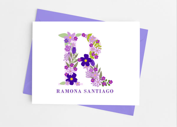 Purple Floral Single Initial Monogram Note Cards - Cathy's Creations - www.candywrappershop.com