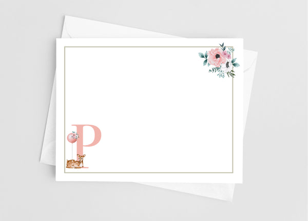 Floral Deer Single Initial Monogram Flat Note Cards - Cathy's Creations - www.candywrappershop.com