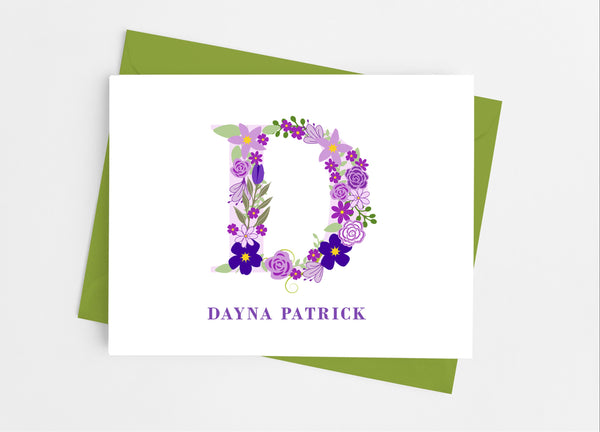 Purple Floral Single Initial Monogram Note Cards - Cathy's Creations - www.candywrappershop.com