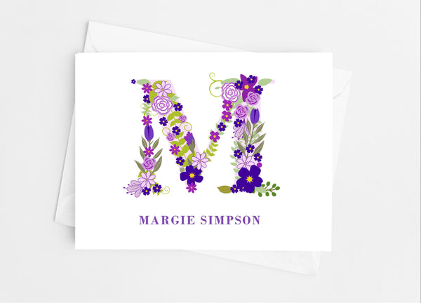 Purple Floral Single Initial Monogram Note Cards - Cathy's Creations - www.candywrappershop.com