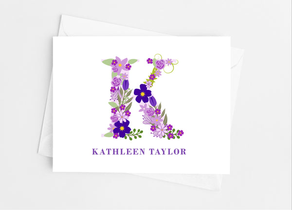 Purple Floral Single Initial Monogram Note Cards - Cathy's Creations - www.candywrappershop.com