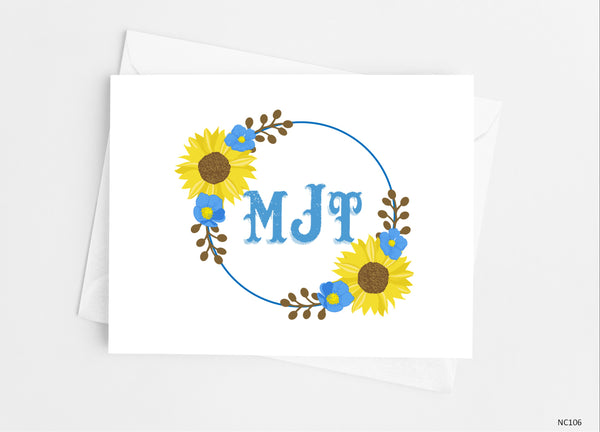 Rustic Sunflower Floral Monogram Note Cards - Cathy's Creations - www.candywrappershop.com