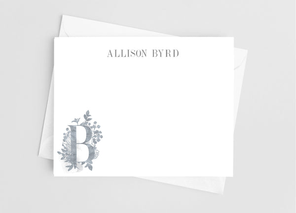 Grey Floral Single Initial Monogram Flat Note Cards - Cathy's Creations - www.candywrappershop.com