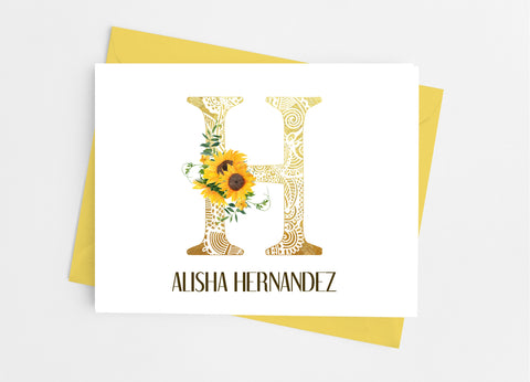 Sunflower Single Initial Monogram Note Cards - Cathy's Creations - www.candywrappershop.com