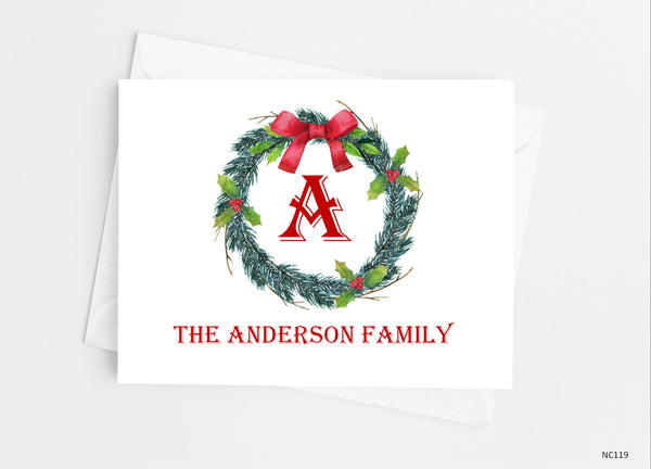 Christmas Wreath Single Initial Monogram Note Cards - Cathy's Creations - www.candywrappershop.com