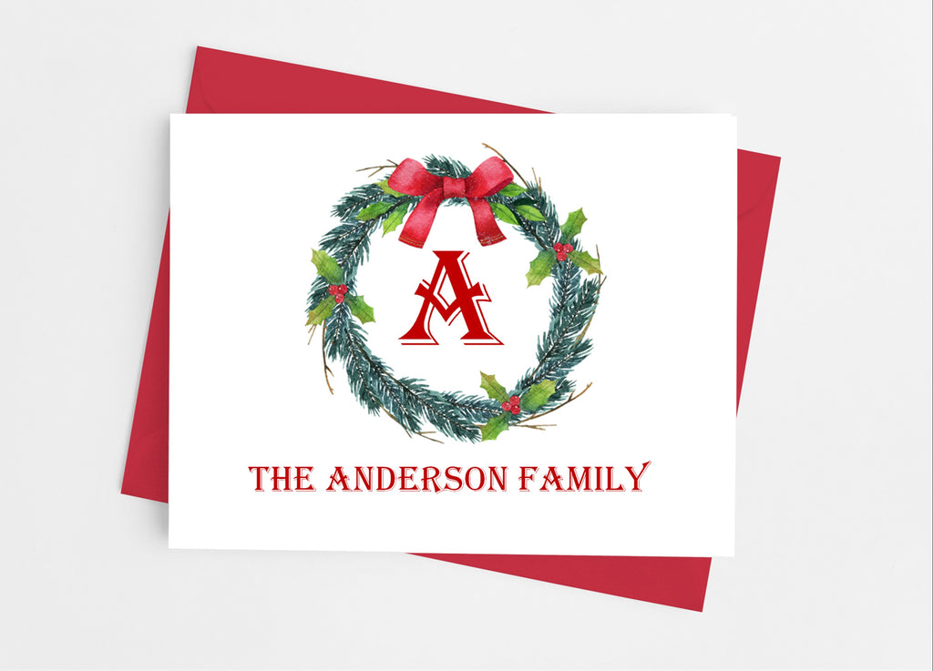 Christmas Wreath Single Initial Monogram Note Cards - Cathy's Creations - www.candywrappershop.com