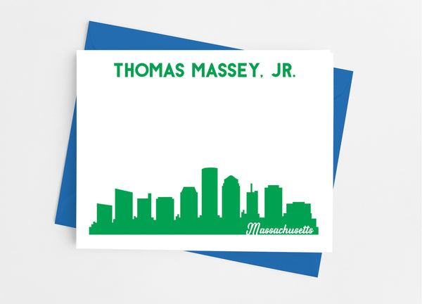 Massachusetts State Skyline Personalized Note Cards - Cathy's Creations - www.candywrappershop.com